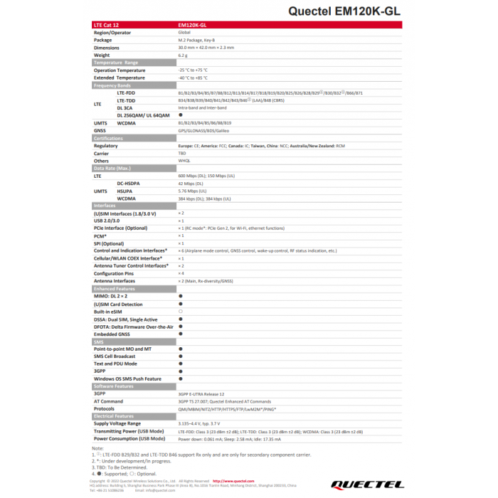 Quectel EM120K-GL M.2 modul LTE-A IoT/M2M DL 3xCA Cat 12 Module global 600Mb downlink / 150Mb uplink - Obrázek 3
