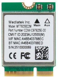 524 WiFi 7 MediaTek MT7925B 802.11be 2x2 Triband Client M.2 E Key module, BT 5.4, MLO, up to 6500Mbps