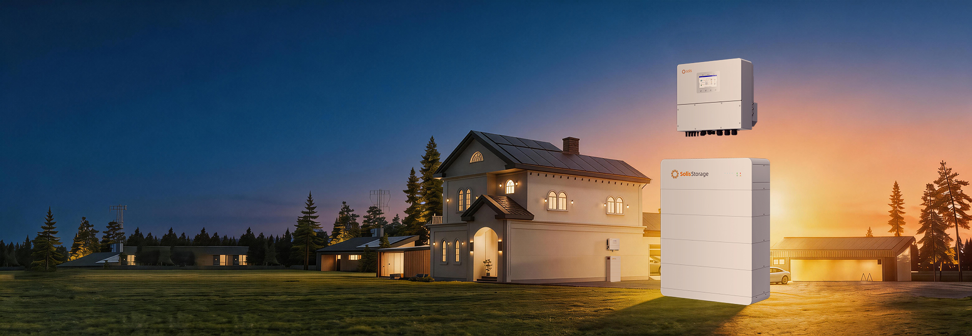 Solis FlexHome-H Hochvolt-Batteriesystem und Hybridwechselrichter an einem Solarhaus; angeboten wird ein 5-kWh-Modul