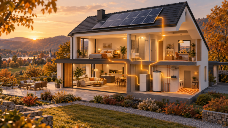 KI-generierte Konzeptillustration eines gemeinsamen Energiemanagements für das Haus.